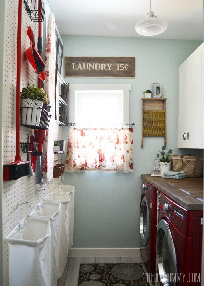 red vintage inspired small laundry room design idea