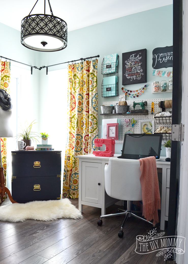 A colorful boho craft room home office