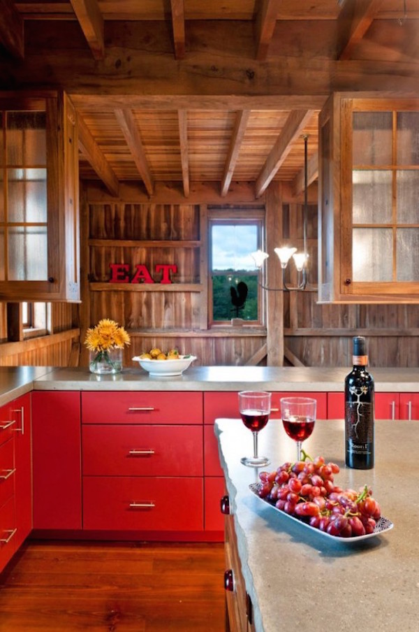 red chalet kitchen cabinets